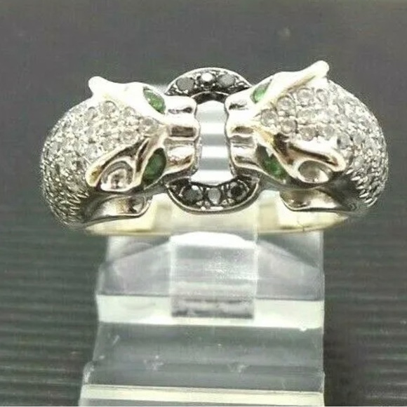 18K WHITE SOLID GOLD LADIES PANTHER DIAMOND and EMERALD RING - Picture 8 of 13